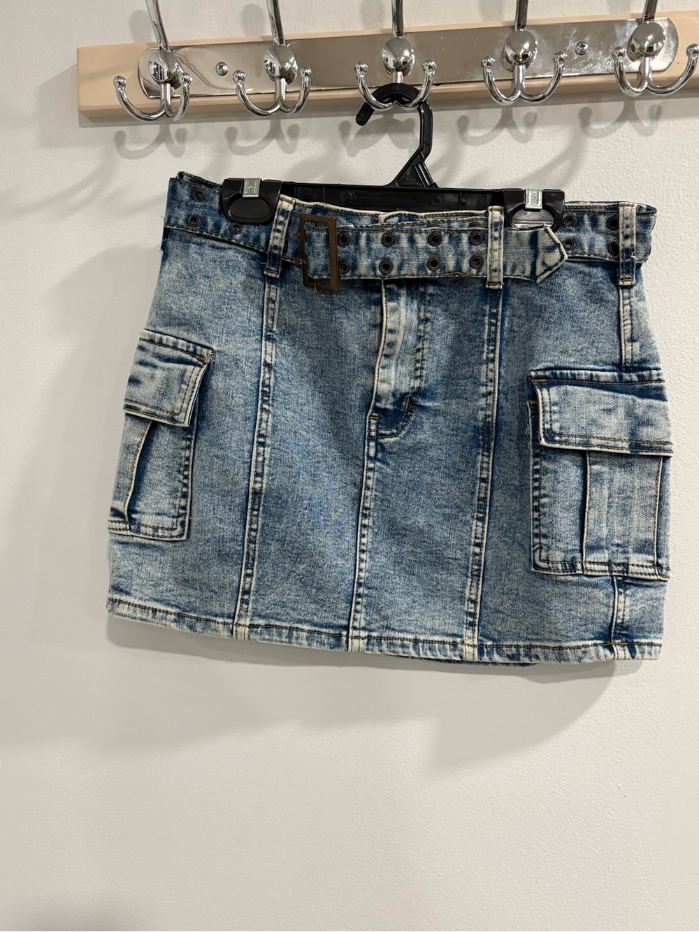 Sincerely Jules Light Blue Denim Cargo Mini Skirt with Studded Belt